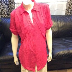 Red Coral hot pink button up blouse with tie